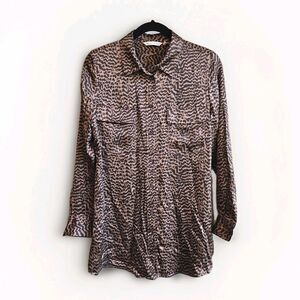 Soft Surroundings SILK Small S Blouse Brown Black Animal Print Long Sleeve